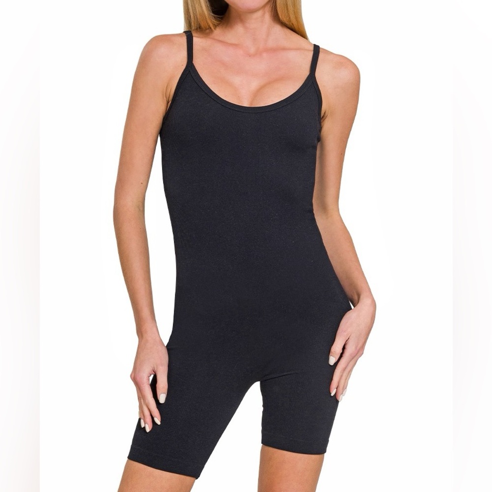 NWT Zenana Black Seamless Ribbed Cami Top Romper Bodysuit